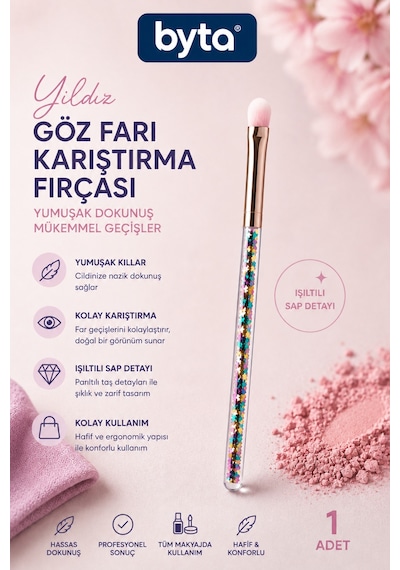 Yıldız Göz Farı Karıştırma Fırçası Yumuşak Kıllı Işıltılı Saplı Far Dağıtma Fırçası