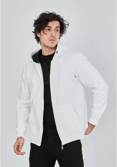 Yake Store Unisex Tam Fermuarlı Kapşonlu Sweatshirt - Beyaz - Beyaz