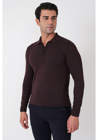 Slim Fit Esnek Pamuklu Fermuarlı Polo Yaka Kahverengi Triko Tr 902