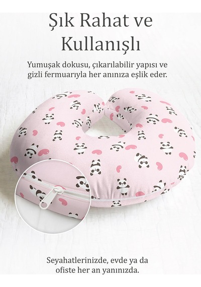 Panda Figürlü Pamuklu Boyun Yastığı - Sevimli Pembe Kalpli Yumuşak Seyahat Yastığı Tozlu Yosunlu Bordo