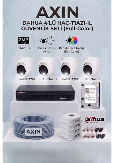 Dahua 4 Kameralı Dome Full Color Güvenlik Kamera Seti - 2.8mm Geniş Açı, 500 Gb Hdd, 4 Kanal Xvr, Akıllı Çift Işık - Gece Renkli
