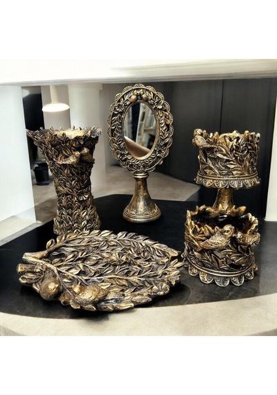 Dekoratif Polyester Kuşlu Beşli Salon Konsol Seti Gold Eskitme