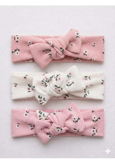 Kız Bebek 3 Lü Ribana Fiyonklu Bandana Seti - Pembe
