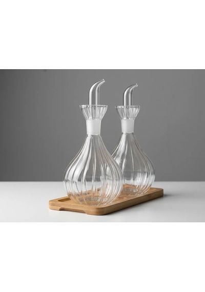 2 Adet 900 Ml Borosilikat Tombul Çizgili Cam Yağdanlık Ve Bambu Stant Yağlık Sirkelik Seti Şeffaf