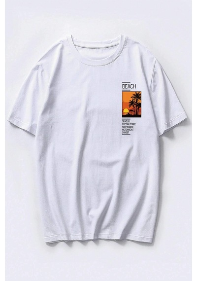 Erkek Beach Baskılı Oversize Tshirt Beyaz
