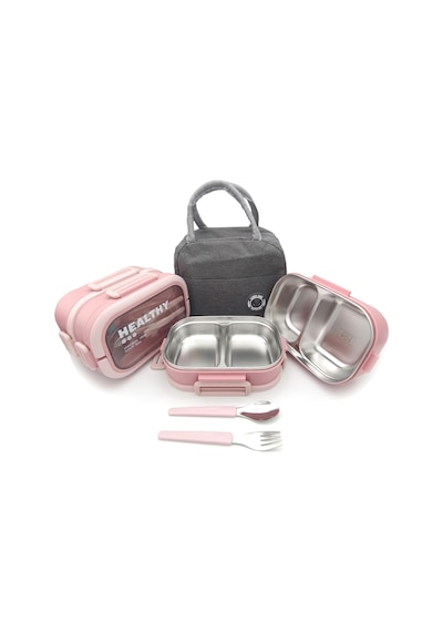 Valkyrie 304 Çelik Bölmeli Lunch Box Seti Termal Çantalı, Bölmeli, Çatal Kaşıklı, Sızdırmaz Yemek Kabı Pembe Pembe