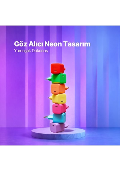 Ttec Smartcharger Gan 45W Avs PD Seyahat Hızlı Şarj Aleti + USB-C - USB-C 3A 120 CM Kablo Neon Mor