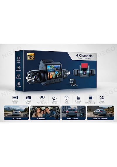 Nvg 4 Kameralı Araç Kamerası 360 Güvenlik Sistemi Ön Arka İç Kayıt Gece Görüş 170 Geniş Açı Full Hd 1080p Dash Cam