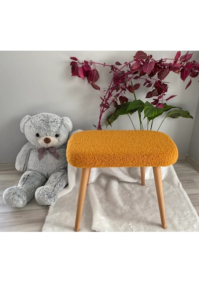 Ahşap Ayaklı Tedy Kumaş Dekoratif Puf Bench Makyaj Sandalyesi Oval Turuncu