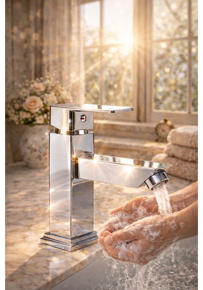 Viosa Krom Lavabo Bataryası Modern Kare Tasarım Banyo Musluğu Sıcak Soğuk Ayarlı Çift Su Girişli Siyah
