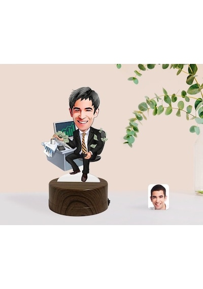 Kişiye Özel Erkek Bankacı Karikatürlü Dekoratif 3D Biblo Led Işık