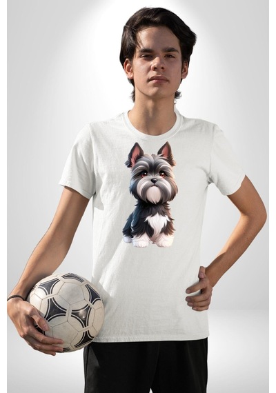 Sevimli Beyaz Gri Köpek Unisex Unisex Beyaz Organik Baskılı T-shirt Penye Yüksek Kalite Beyaz