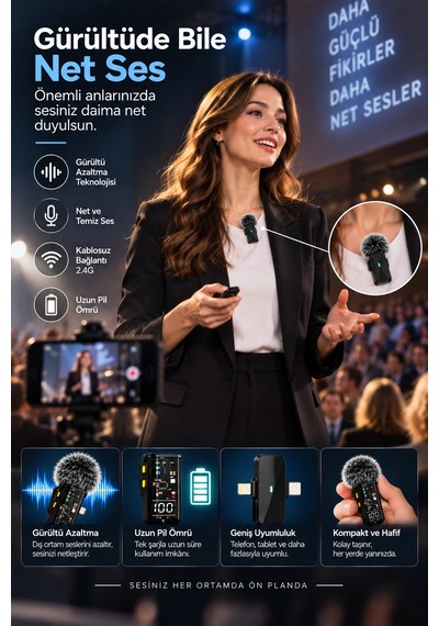 2.4g Kablosuz Yaka Mikrofonu Uzun Pil Ömrü Ve Dijital Ekranlı