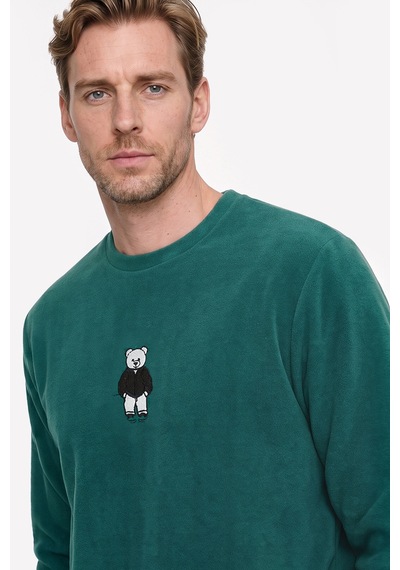 Ac&Co / Altınyıldız Classics Erkek Yesıl Anti-pilling Tüylenme Yapmayan Bisiklet Yaka Nakışlı Sweatshirt Polar