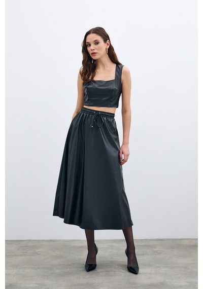 Sateen Bel Lastikli Deri Etek - Siyah-135588 Siyah