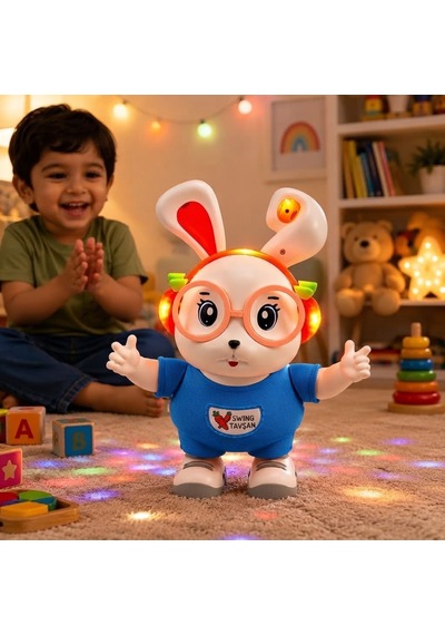 Dans Eden Sevimli Tavşan Elleri Ve Ayakları Haraketli 18 Cm Işıklı Sesli Eğitici Oyuncak Tavşan Turkuaz