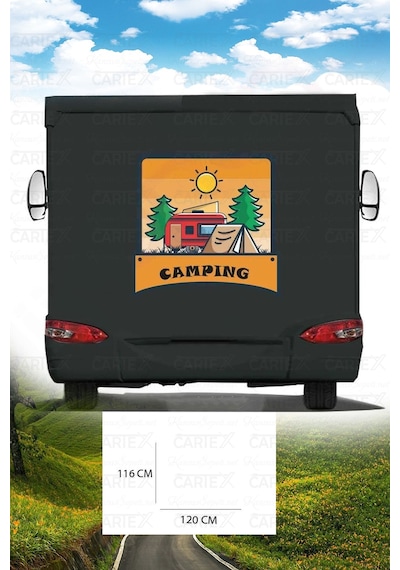 Karavan Kamp Baskı Sticker - Kamp Çadırı Sticker - Ağaç Ve Güneş Sticker - 120x116 Cm