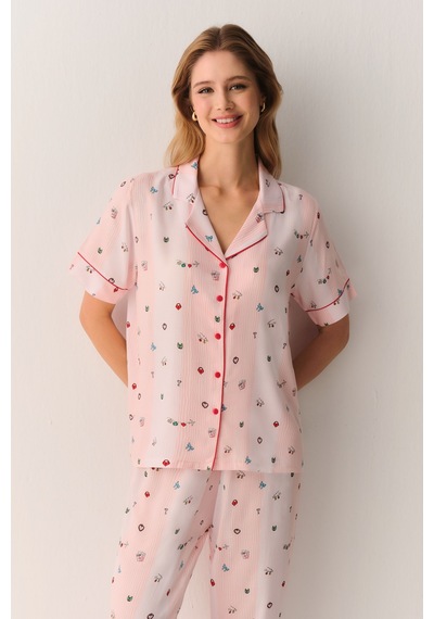Suwen Smile Gömlek Yaka Pijama Takımı Sh26503660b334 Pembe