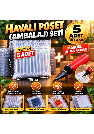Havalı Poşet Ambalaj Seti 25cm X 20cm 5 Adet + Şişirme Aparatı