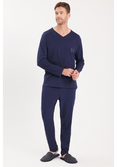 Tudors Erkek Standart Fit %100 Pamuk V Yaka Beli Lastikli Lacivert Pijama Takımı-37940 Lacivert