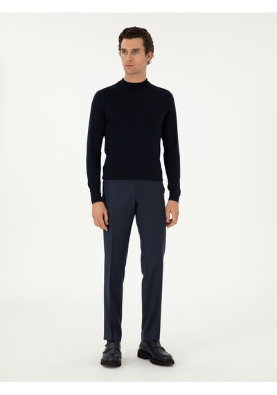 Cacharel Lacivert Slim Fit Yün Karışımlı Çeyrek Balıkçı Yaka Basic Triko Kazak