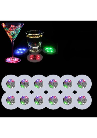 Renkli Led Işıklı Bardak Altlığı - Dekoratif 12 Adet Pilli Beyaz