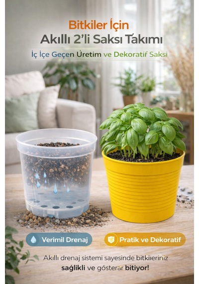2 Li Saksı Seti 15 Pot Üretim Saksısı + 1,8 Litre Sarı Dekoratif Kırılmaz Saksı Tabaksız Uyumlu