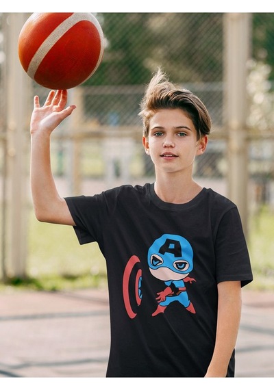 Sevbano Kaptan Amerika Baskılı Unisex Film Çocuk Tişört 1-12 Yaş SIYAH