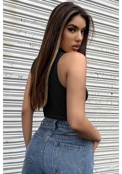 Epilons Zenvial Kadın Siyah Yarım Fermuarlı Sıfır Kol Crop Top Bluz Zenviall2