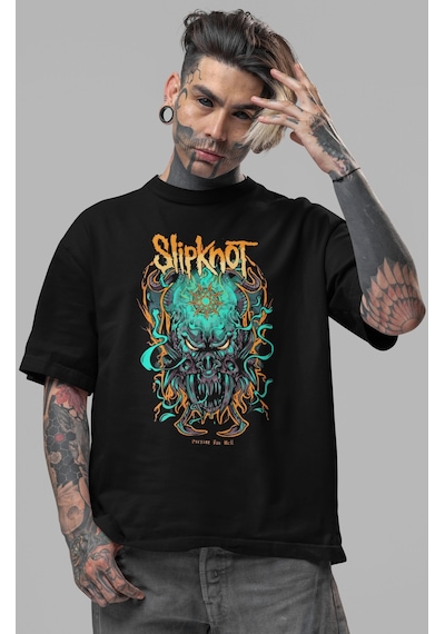 Slipknot Rock Metal Müzik Grubu Ön Baskılı Unisex Oversize Tişört Siyah