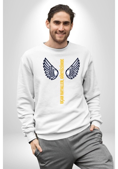 Uçan Hayaller Gökyüzünde Melek Kanatları Unisex Beyaz Sweatshirt Beyaz