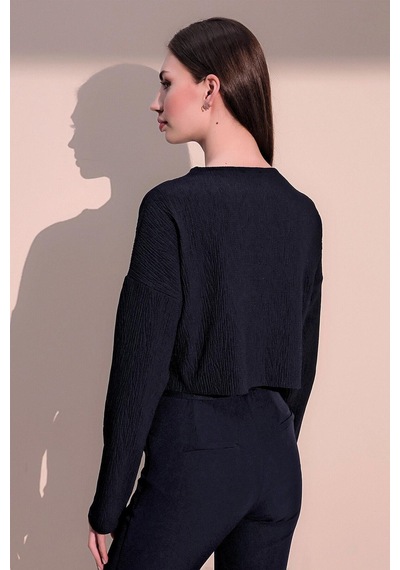 WeShaya Kadın Lacivert Kendinden Dokulu Cepli Crop Sweatshirt, Salaş Kesim Lacivert