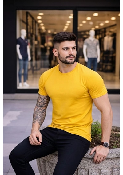 Erkek Body Tişört Bisiklet Yaka Slim Fit Likralı T-shirt - Sarı