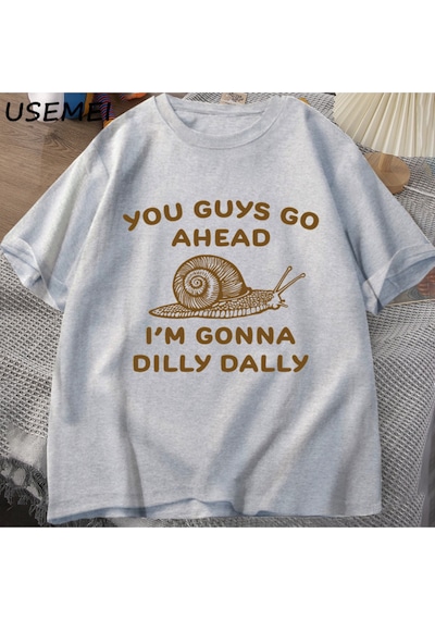Flood Of Style Devam Edeceğim Dilly Dally Tshirt Adam Retro Komik Salyangoz Listic İstik T-shirt Kadın Erkek Gri