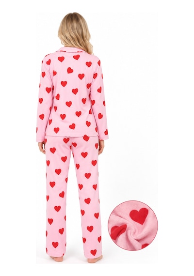Sleeeproom Kadın Süet Düğmeli Mevsimlik Kalp Desen Pudra Pijama Takımı Kırmızı - Pembe