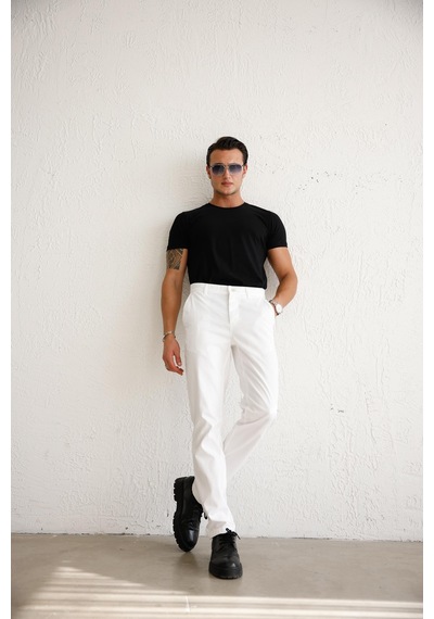 Braccas Erkek Armürlü Slim Fit Beyaz Pantolon Beyaz