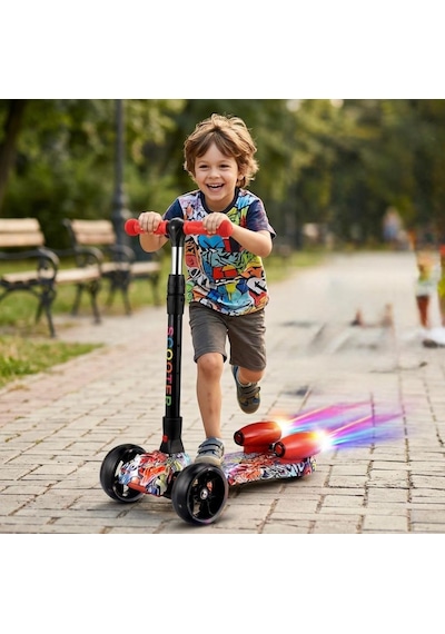 Işıklı Sesli Duman Atan 100 Kg Taşıma Kapasiteli Desenli Büyük Boy 3 Tekerlekli Çocuk Scooter Çok Renkli