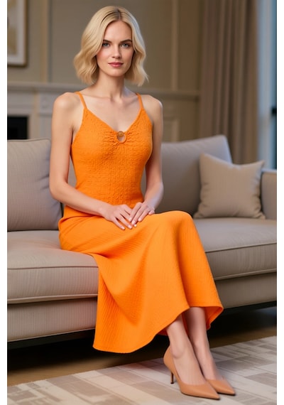 Benerly Kadın İnce Askılı V Yaka Dokulu Bodycon Maxi Elbise Astarsız Raha Turuncu