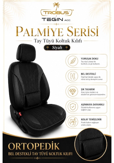 Mercedes Glc 2015 Sonrası Uyumlu Palmiye Serisi Siyah Bel Destekli Tay Tüyü Koltuk Kılıfı