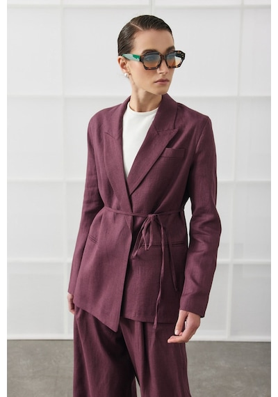 Molene Mürdüm Biye Kemerli Keten Blazer
