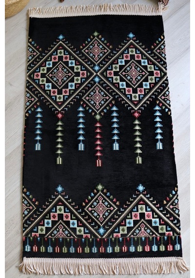 Kilim Desenli Astarlı Lüks Seccade S1020 Siyah Siyah-beyaz