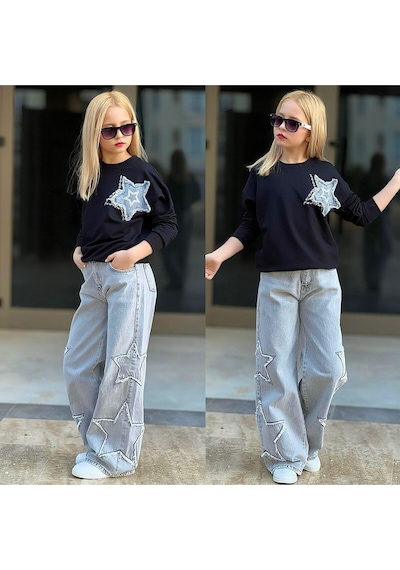My Kids Wear Kız Çocuk 2 Li Sweatshirt & Kot Pantolon Takımı Yıldız Detaylı 12492 Gri