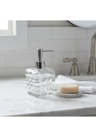 Beyaz Bubble Design Cam Sıvı Sabunluk - 450 Ml Kabartmalı Şık Banyo Ve Mutfak Sabunluğu 7x12 C 5066 - Şeffaf