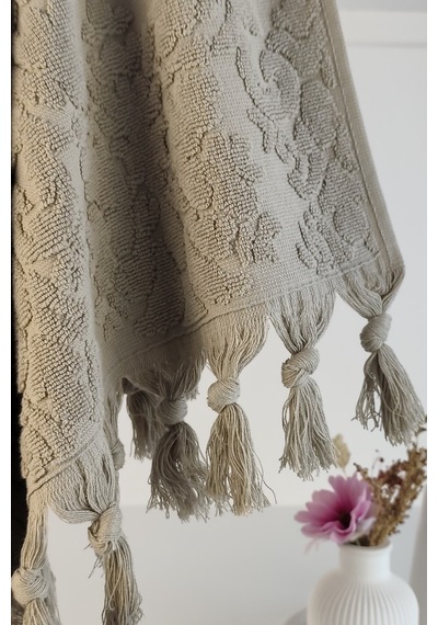 Bej Otantik Saçaklı %100 Pamuk Banyo Havlusu - 90x150 Cm - Yumuşak Ve Şık Bej