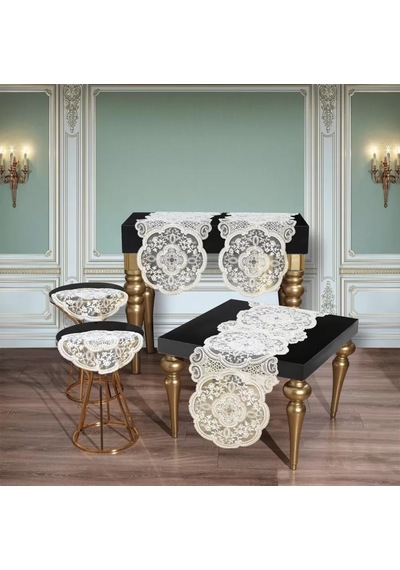 Cekihome 5 Parça Altın Alya No124 Dantelli Salon Takımı Runner Seti Şık Dekorasyon