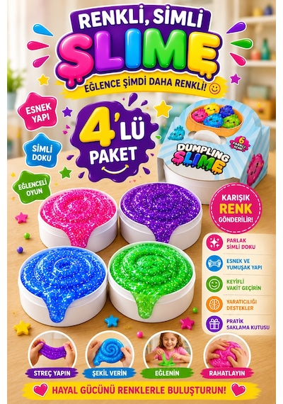 4'lü Slime Oyun Jeli Simli Streç Hamur Eğitici Duyusal Oyun Motor Beceri Geliştiren Oyuncak Renkli