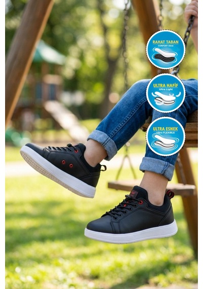 Walkway Siyah-kırmızı Lastik Bağcıklı Comfort Rahat Tabanlı Erkek Çocuk Sneaker Balase F Siyah - Kırmızı