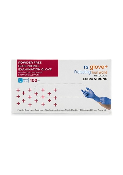 Rs Gloves Mavi Nitril Pudrasız Eksta Güçlü Muayene Eldiveni L Beden 100 Lü Non Steril