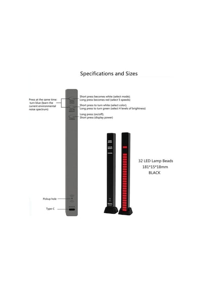 Sese Duyarlı Rgb Led Işık Ritim Işığı 32 Bit Göstergeli Araba/pc/tv/oda/masaüstü Için Renkli Led Işık Şarjlı Ekolayzır Işık Çubuğu Siyah