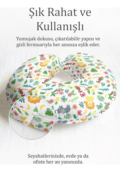 Tropikal Hayvan Figürlü Boyun Yastığı - Renkli Çizgili Desen Çocuk & Yetişkin Seyahat Yastığı Pastel Taş Krem Bej